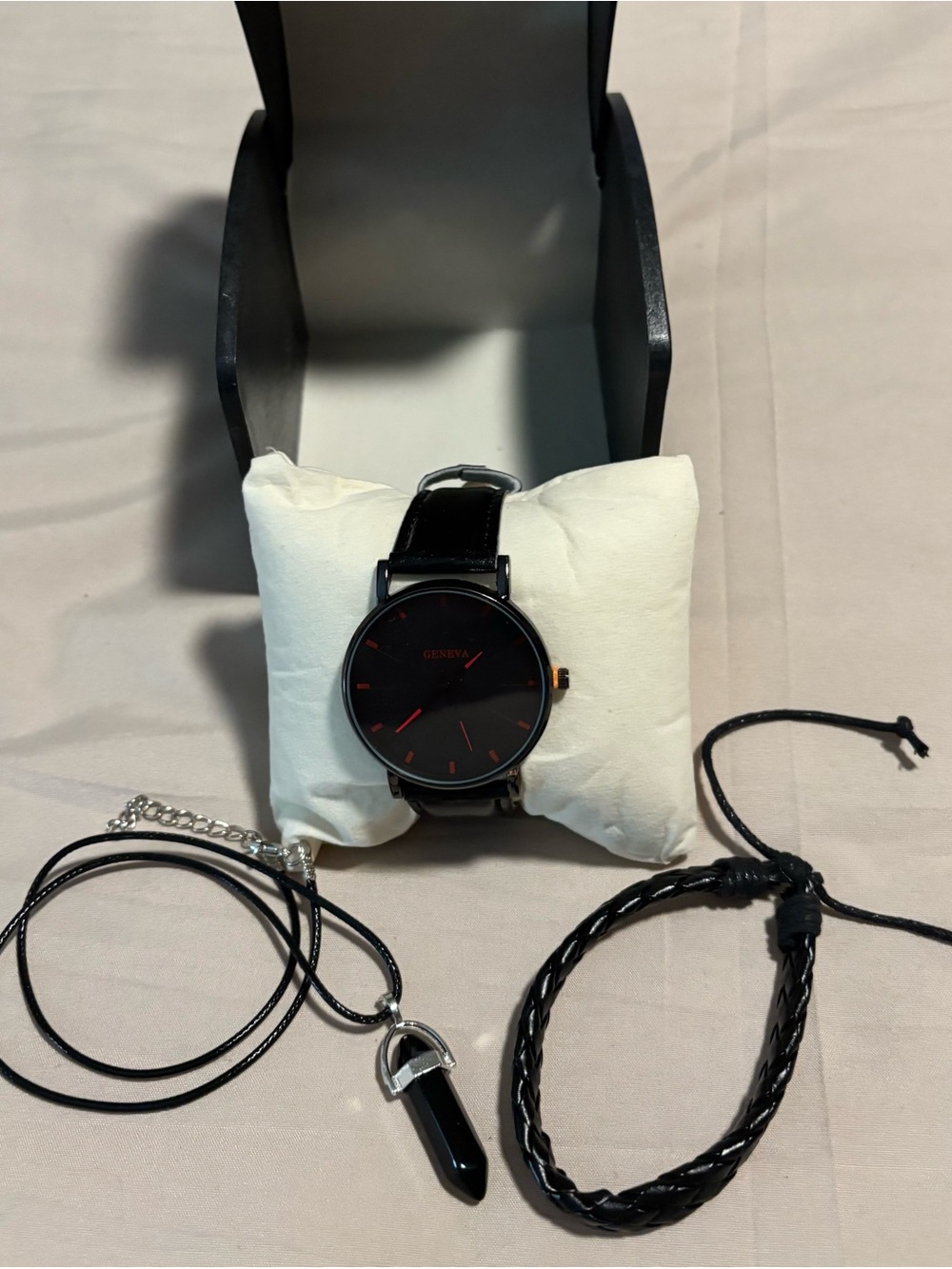 Men’s Black Geneva Watch Black Dial Hands Are Black Red, Necklace & Bracelet